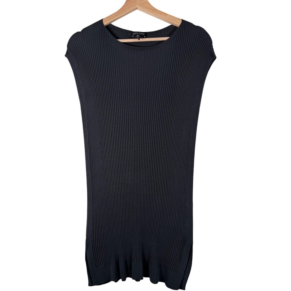 EILEEN FISHER Dark Gray Ribbed Cap Sleeve Tunic Dress‎ S P Tencel Lyocell